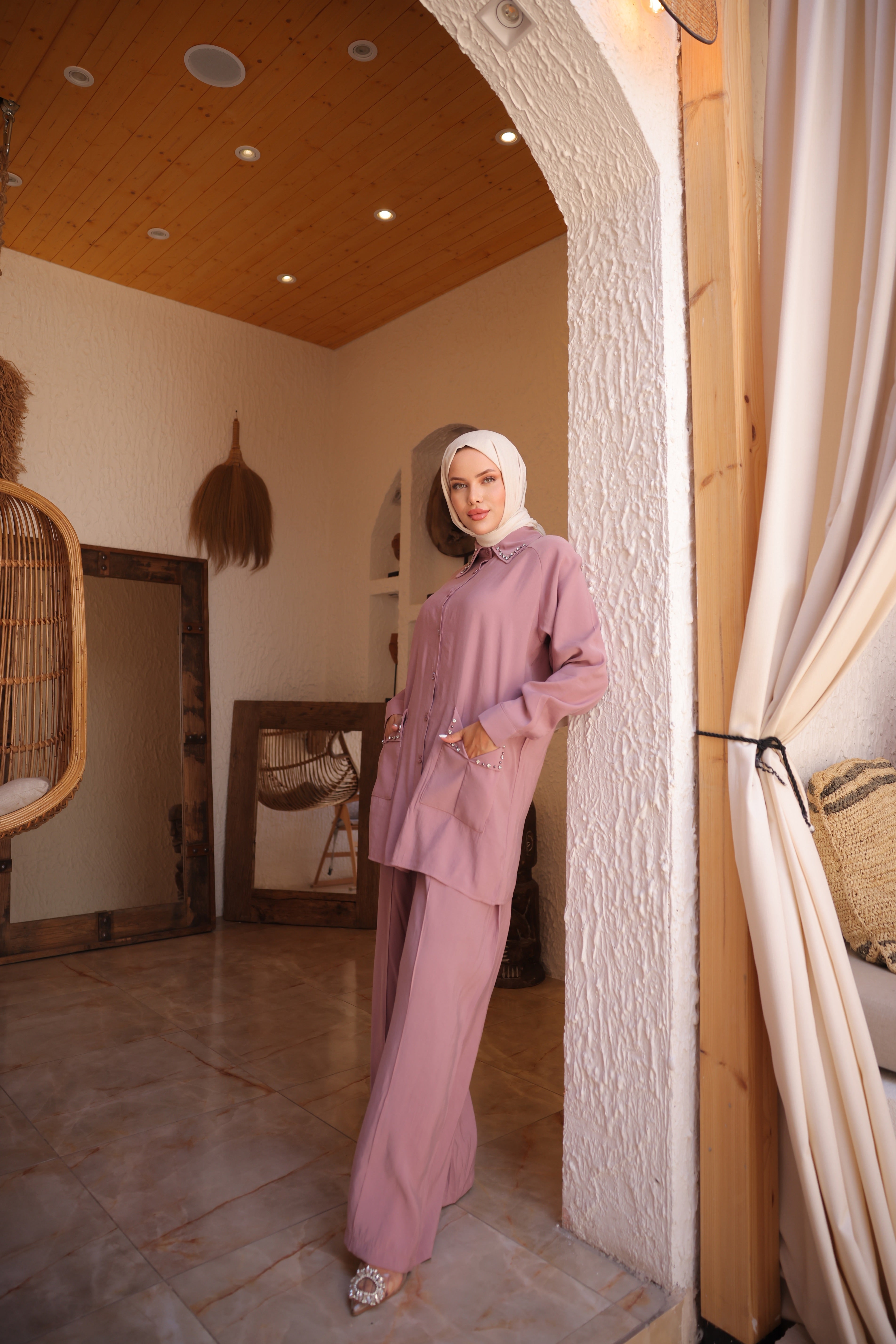 Stone Detailed Modal Cupra Hijab Two Piece Suit – Oversize Trousers & Pocketed Tunic