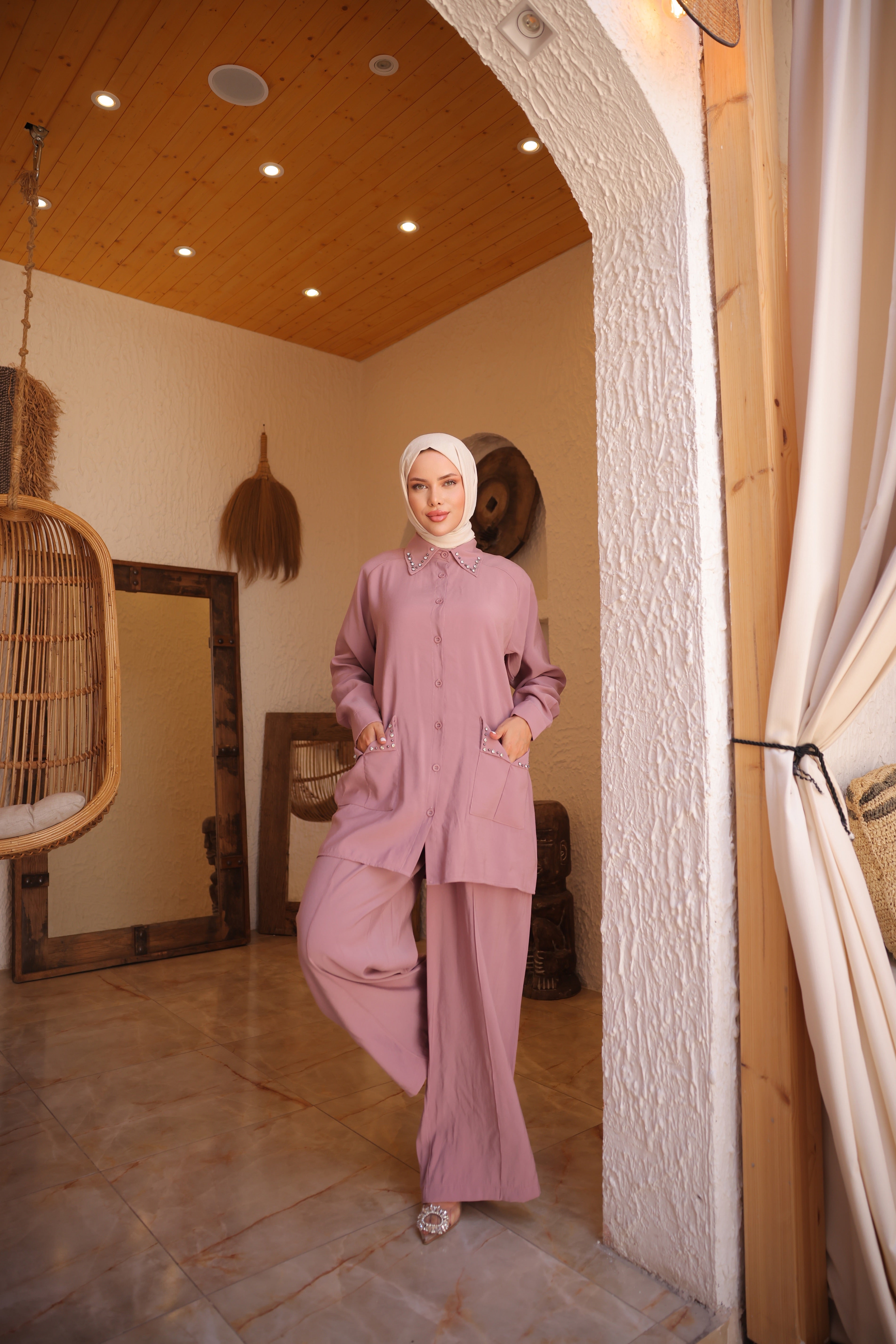 Stone Detailed Modal Cupra Hijab Two Piece Suit – Oversize Trousers & Pocketed Tunic