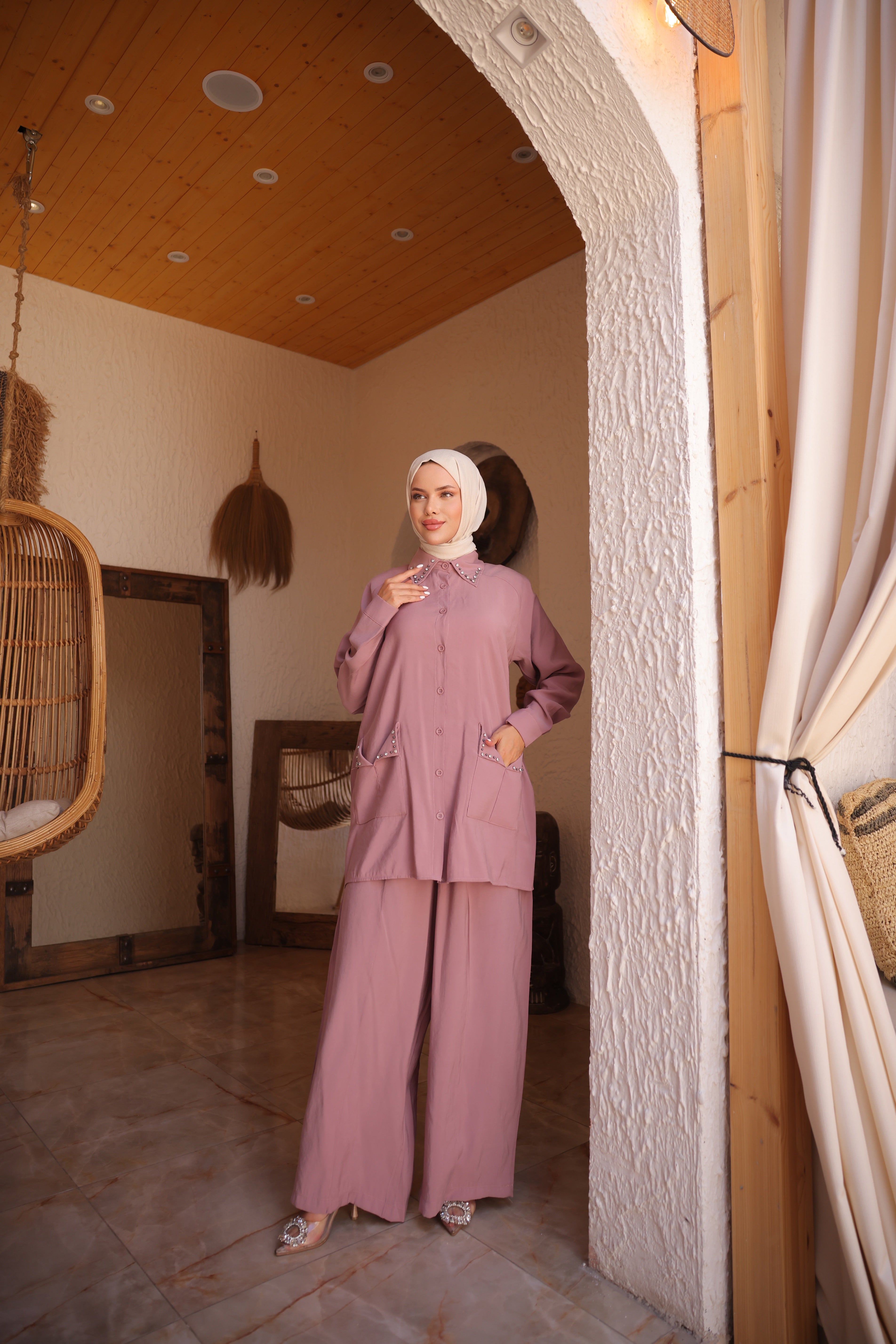 Stone Detailed Modal Cupra Hijab Two Piece Suit – Oversize Trousers & Pocketed Tunic