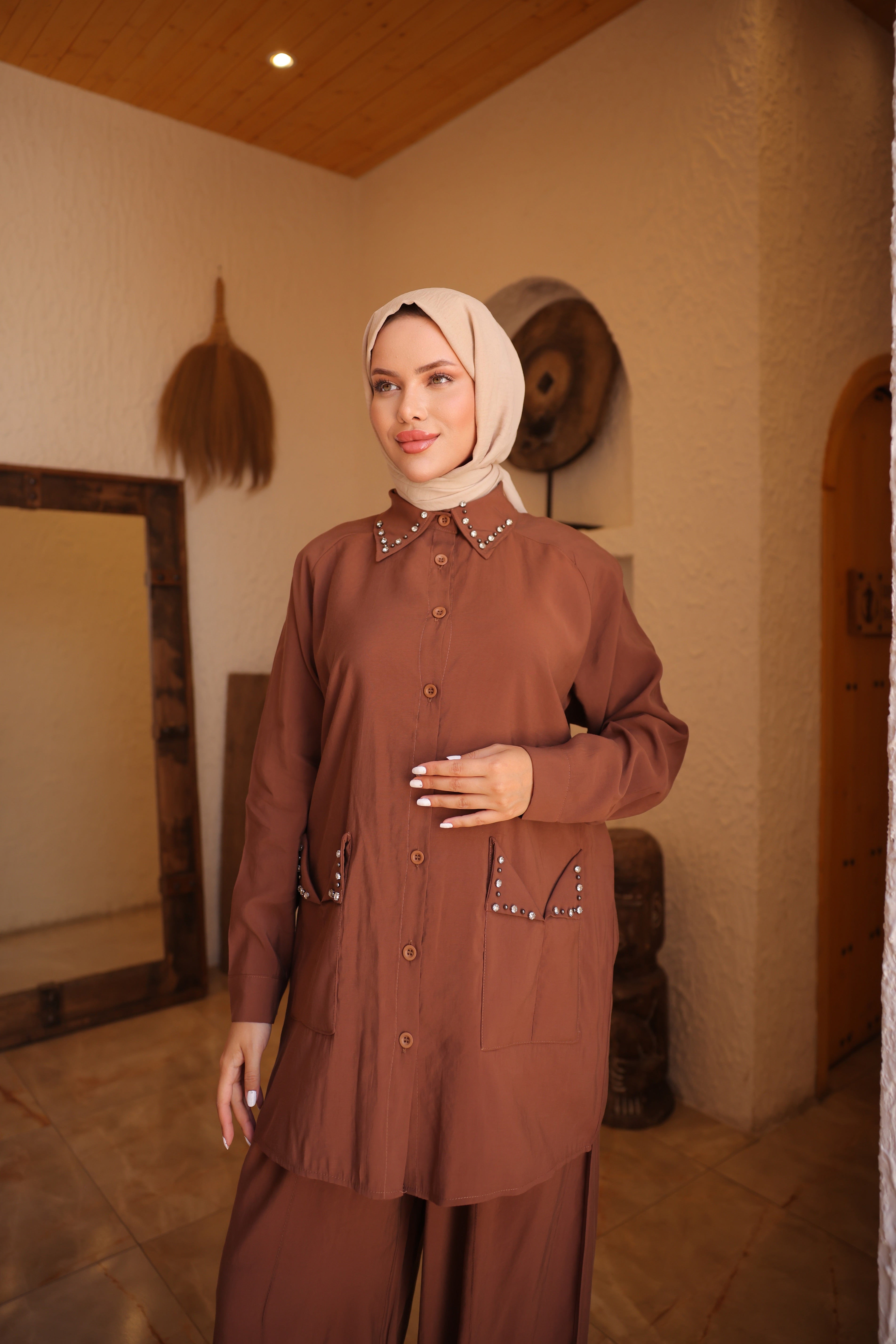 Stone Detailed Modal Cupra Hijab Two Piece Suit – Oversize Trousers & Pocketed Tunic