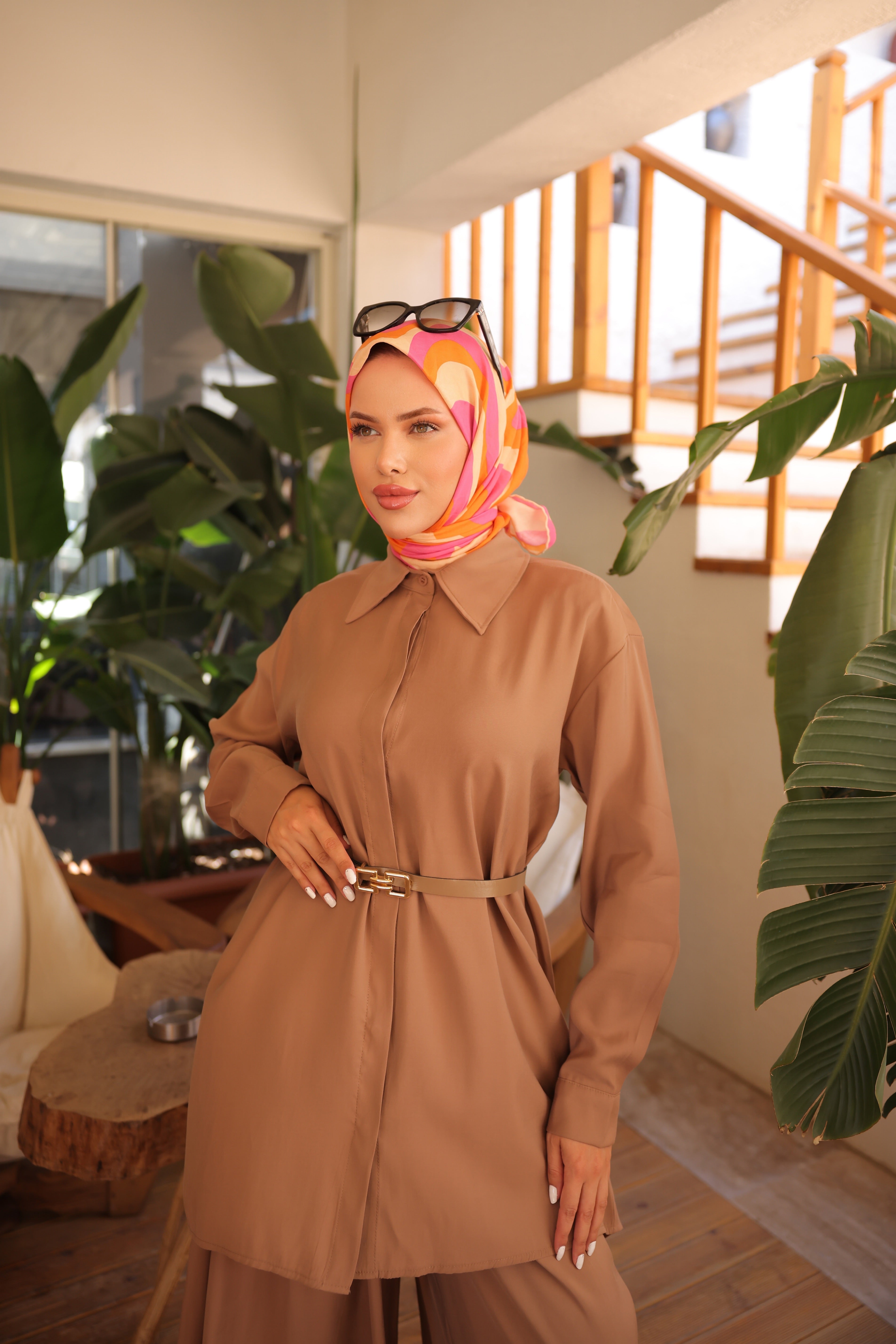 Cupra Tencel Set – Mütevazı Büyük Beden Tunik ve Geniş Paça Pantolon