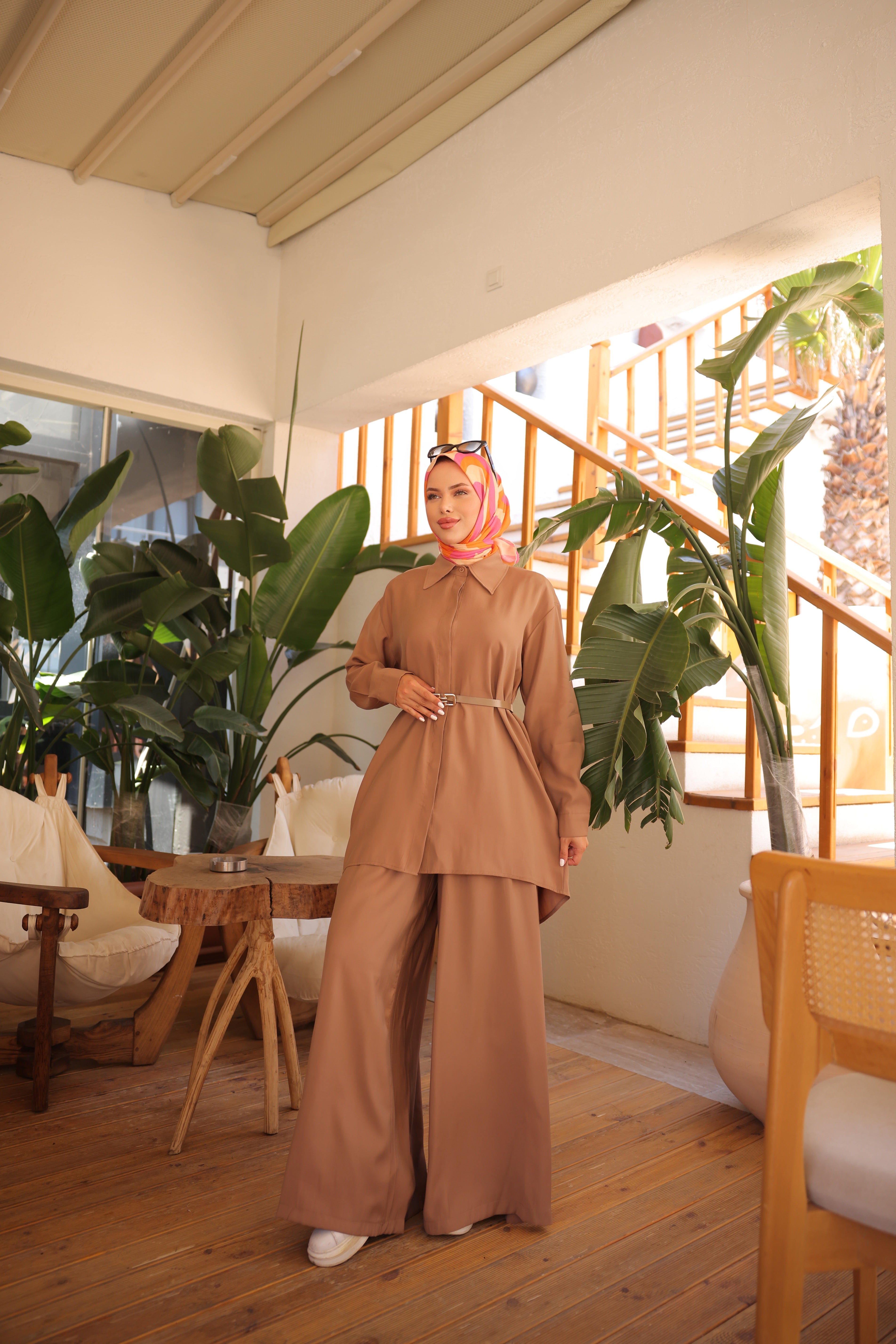 Cupra Tencel Set – Mütevazı Büyük Beden Tunik ve Geniş Paça Pantolon