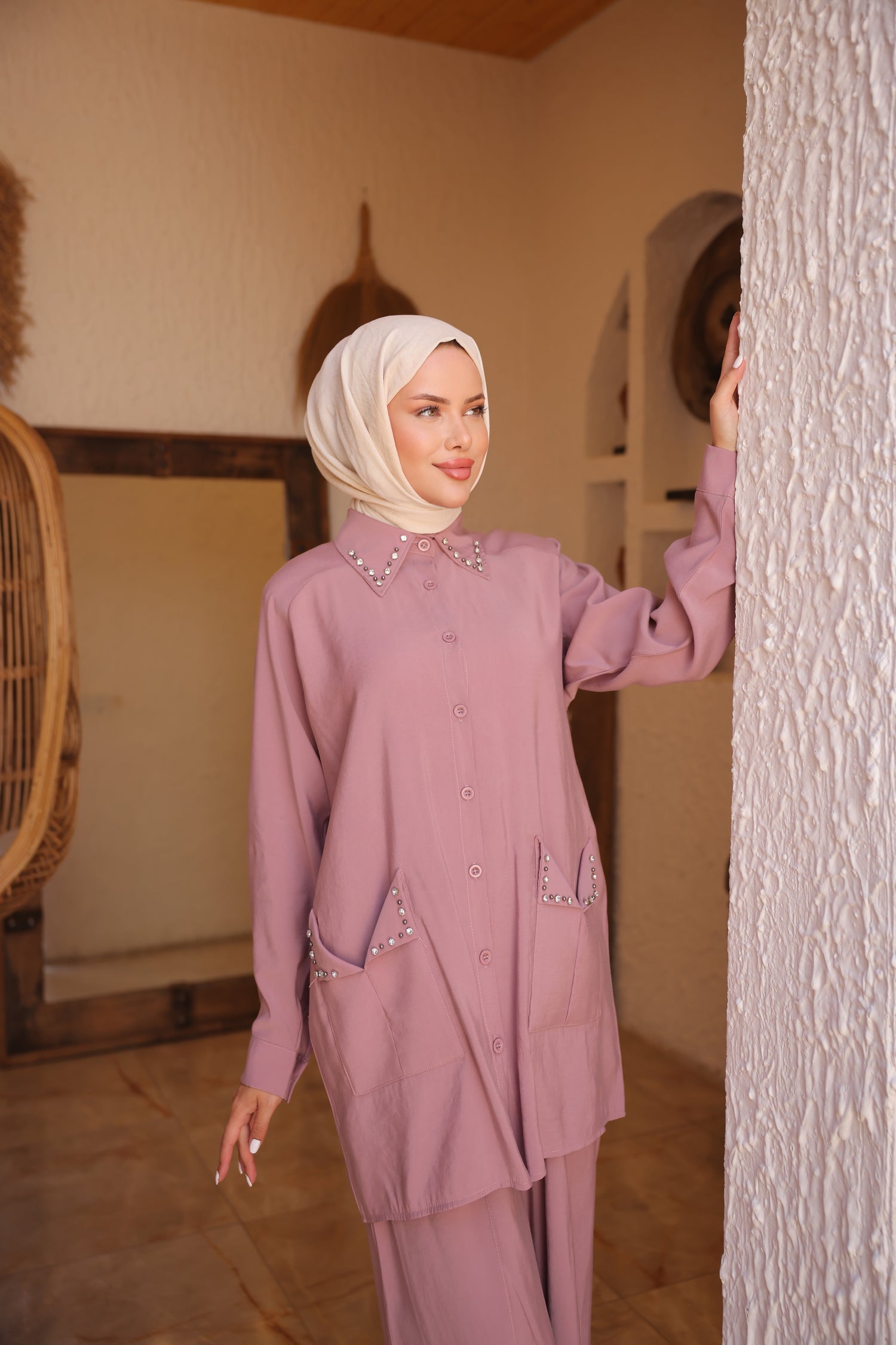 Stone Detailed Modal Cupra Hijab Two Piece Suit – Oversize Trousers &amp; Pocketed Tunic