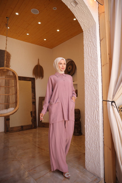 Stone Detailed Modal Cupra Hijab Two Piece Suit – Oversize Trousers &amp; Pocketed Tunic