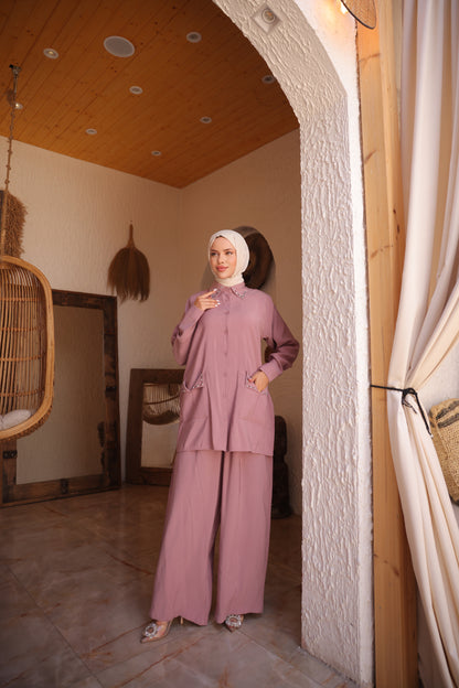 Stone Detailed Modal Cupra Hijab Two Piece Suit – Oversize Trousers &amp; Pocketed Tunic