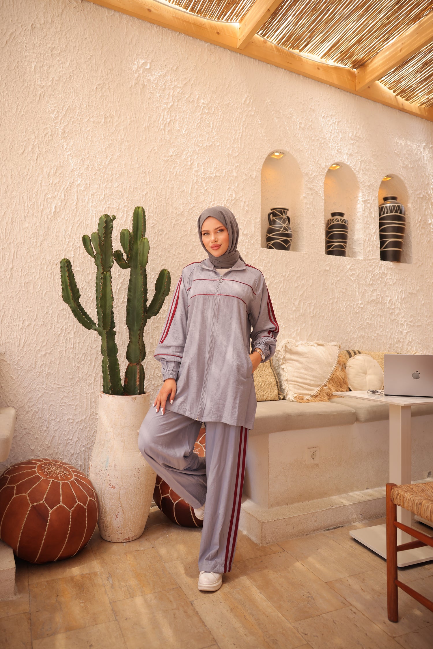 Two-Piece Modest Zip-Up Tunic Set in Crinkle Steel Fabric – Beige Hijab Outfit