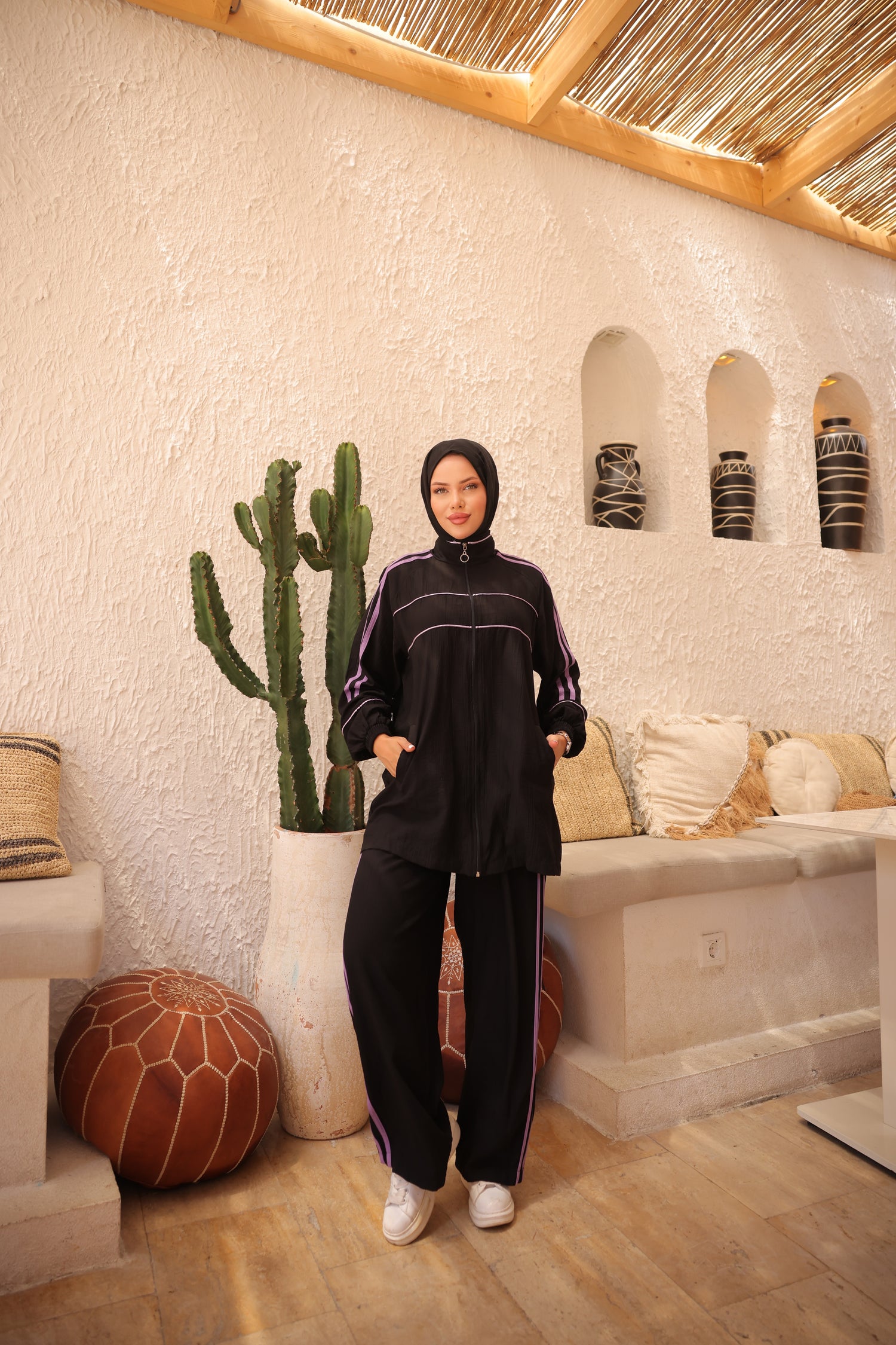 Two-Piece Modest Zip-Up Tunic Set in Crinkle Steel Fabric – Beige Hijab Outfit